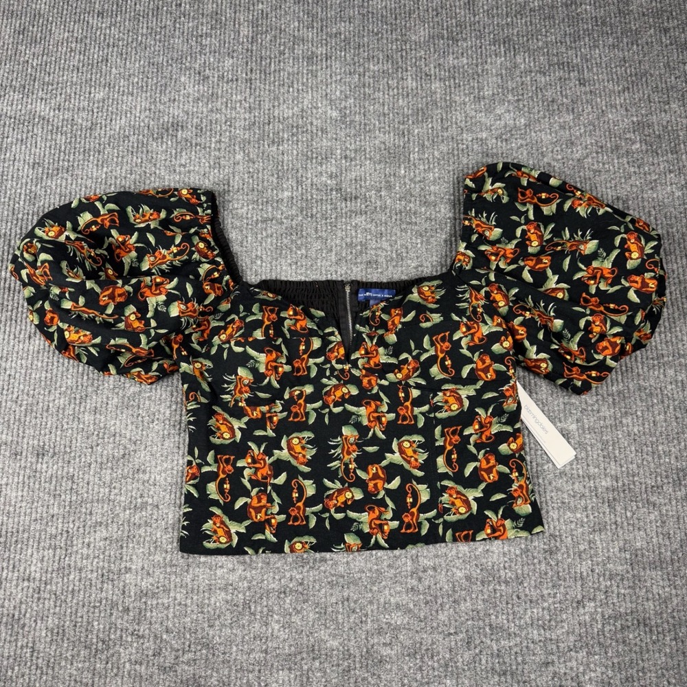 The White Lotus x Aqua Top Womens L Black Monkey Print Puff Sleeve Babydoll NEW